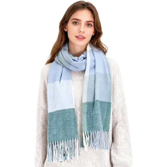 Women Green Blue Check Winter Warm Shawl Wraps Tartan Blanket Oversized Scarves - Picture 1 of 6